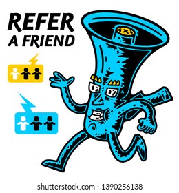 Megaphone. Cartoon Loudspeaker. Running Cartoon Megaphone. Refer a Friend. Referral Program.Kawai Mouthpiece. Kawai Loudspeaker on white background isolated. Stock Vector Illustration. Cartoon style. 