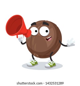 With megaphone cartoon macadamia nut in shell character mascot on white background