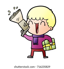 megaphone cartoon man with present