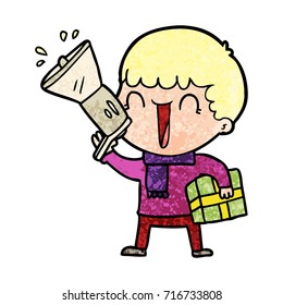 megaphone cartoon man with present