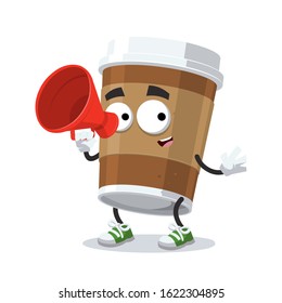 With megaphone cartoon paper cup of coffee character mascot on white background