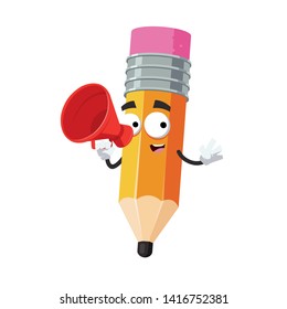 With megaphone cartoon pencil with rubber eraser character mascot on white background