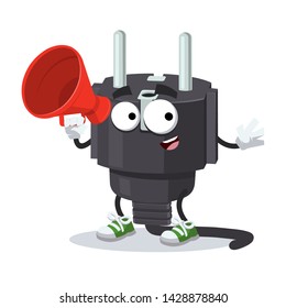 With megaphone cartoon power plug type E character mascot on white background