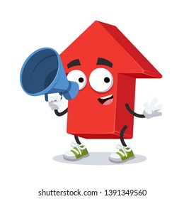 With megaphone cartoon red arrow Up character mascot on white background