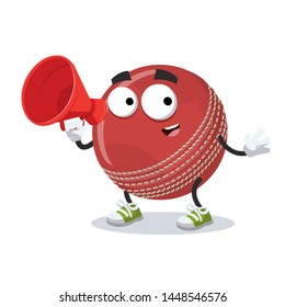 With megaphone cartoon red leather cricket ball character mascot on white background