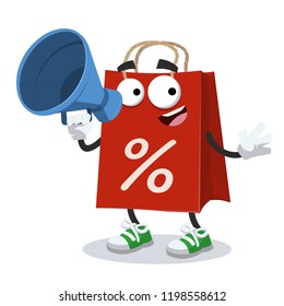 With megaphone cartoon red paper bag with percent symbol character mascot on white background