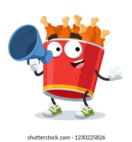 With megaphone cartoon red paper bucket with fried chicken legs character mascot on white background