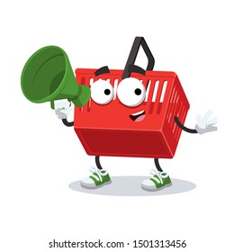 With megaphone cartoon red plastic shopping basket character mascot on white background