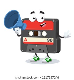 With megaphone cartoon retro vintage audio cassette character mascot on white background