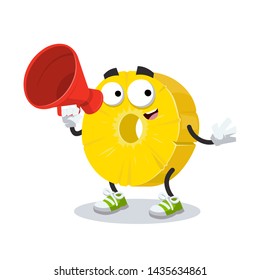 With megaphone cartoon ring of canned pineapple character mascot on white background