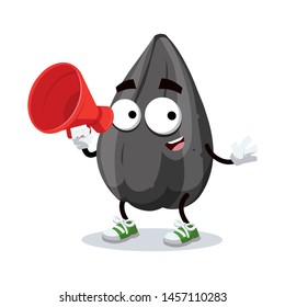 With megaphone cartoon ripe black sunflower seed character mascot on white background