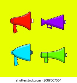 Megaphone cartoon style icon set illustration. Four different megaphone on yellow background.