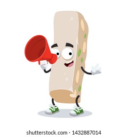 With megaphone cartoon sweet nougat with nuts character mascot on white background