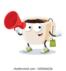 With megaphone cartoon tea cup with tea bag character mascot on white background
