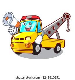 With megaphone Cartoon tow truck isolated on rope