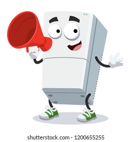 With megaphone cartoon two compartment refrigerator character mascot on white background