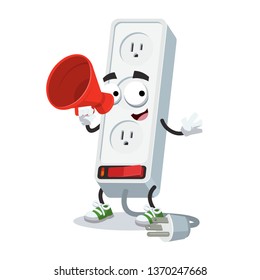 With megaphone cartoon white electrical power strip 3-way plug socket character mascot on white background