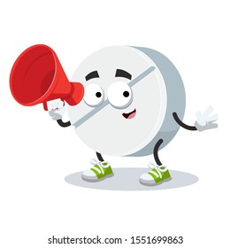 With megaphone cartoon white round medical pill character mascot on white background