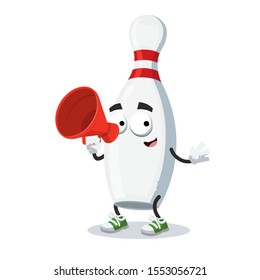 With megaphone cartoon white wooden bowling pin character mascot on white background