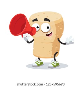 With megaphone cartoon wine cork character mascot on white background