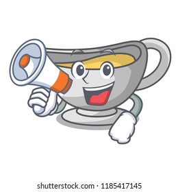 With megaphone a character dish pouring sauce boat