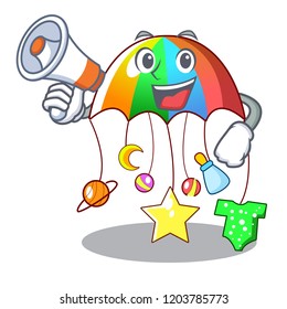 With megaphone character hanging toy attached to cot