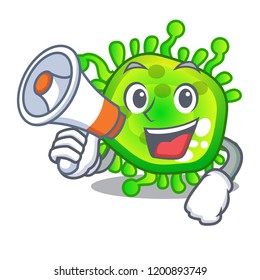 With megaphone character microbe bacterium on the palm