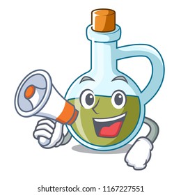 With megaphone character olive oil in bottle wooden