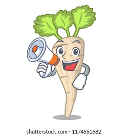 With megaphone character parsnip root with leaf cartoon