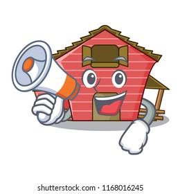 With megaphone character red barn building with haystack