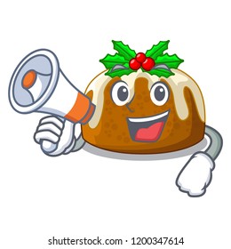 With megaphone character traditional christmas pudding on plate