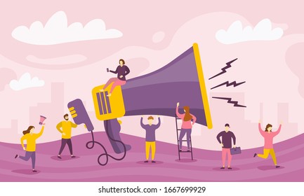 Megaphone and characters people. Big megaphone and flat characters of advertising. Marketing concept. Business promotion, advertising, call through the horn, online alerting. Vector illustration.