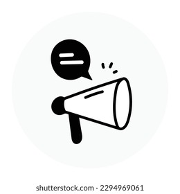 Megáfono y un icono de la burbuja de chat. Conversación ampliada. Comunicación verificada. Anuncio exitoso. Icono del vector con trazo editable.