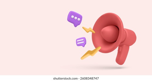 Megaphone With Chat Bubbles And Lightning Symbols In 3D Cartoon Style. Perfect For Marketing, Communication, And Social Media Concepts. Soft Colors And Minimal Background. Vector Illustration.