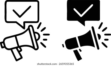 Conjunto de iconos de verificación de megáfono: símbolo aprobado de anuncio en blanco y negro para marketing y notificación