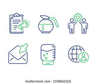 Megaphone checklist, Coffeepot and Employees teamwork line icons set. Water cooler, Open mail and International recruitment signs. Brand check, Brewed coffee, Collaboration. Office drink. Vector