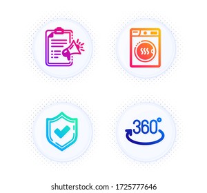 Megaphone checklist, Confirmed and Dryer machine icons simple set. Button with halftone dots. Full rotation sign. Brand check, Accepted message, Laundry. 360 degree. Technology set. Vector