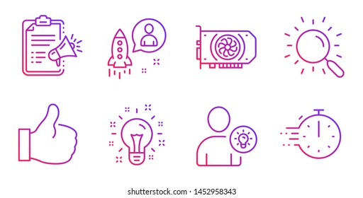 Megaphone checklist, Like and User idea line icons set. Gpu, Idea and Search signs. Startup, Cooking timer symbols. Brand check, Thumbs up. Technology set. Gradient megaphone checklist icon. Vector