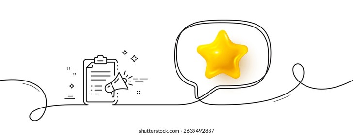 Megaphone checklist line icon. Continuous line with 3d star. Advertisement device symbol. Brand ambassador sign. 3d star in speech bubble. Megaphone checklist single line ribbon. Vector