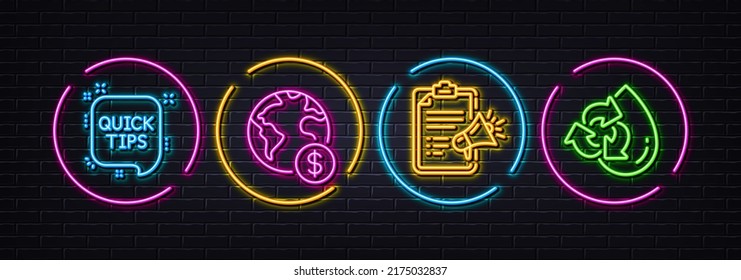 Megaphone checklist, Quick tips and Global business minimal line icons. Neon laser 3d lights. Recycle water icons. For web, application, printing. Brand check, Helpful tricks, Financial world. Vector