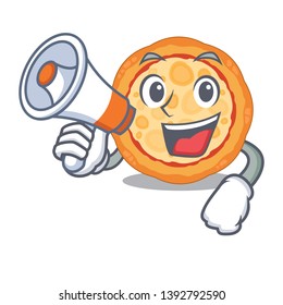 With megaphone cheese pizza served on cartoon board
