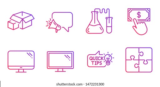 Megaphone, Chemistry lab and Education idea line icons set. Computer, Monitor and Packing boxes signs. Payment click, Puzzle symbols. Brand message, Medical laboratory. Technology set. Vector