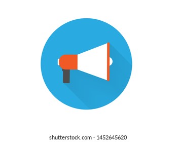 Megaphone circle icon with long shadow. Flat design style.