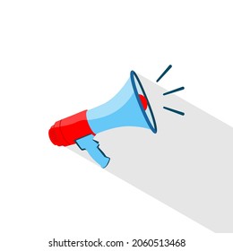 Megaphone circle icon with long shadow. Flat design style. Megaphone simple silhouette. Modern, minimalist, round icon in stylish colors. Web site page and mobile app design