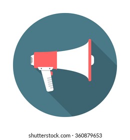 Megaphone circle icon with long shadow. Flat design style. Megaphone simple silhouette. Modern, minimalist, round icon in stylish colors. Web site page and mobile app design vector element.