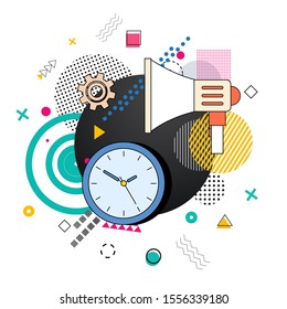 Megaphone and clock, abstract business concept. Cogwheel and gears with geometric shapes. Bullhorn for announcements and watch for deadlines and organization of work. Time management outline vector