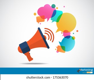 Megaphone with cloud of colorful speech bubble, Marketing concep