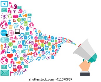 Megaphone and cloud technology with social network icons background 