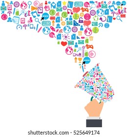 Megaphone and cloud technology with social network icons background 
