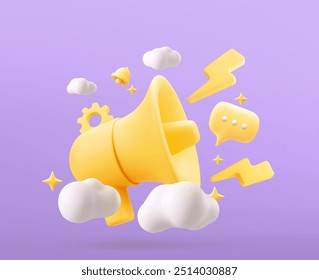 Megafone com nuvens, fala e estrelas. Conceito de marketing ou publicidade, megafone amarelo 3d. Ilustração de vetor realista